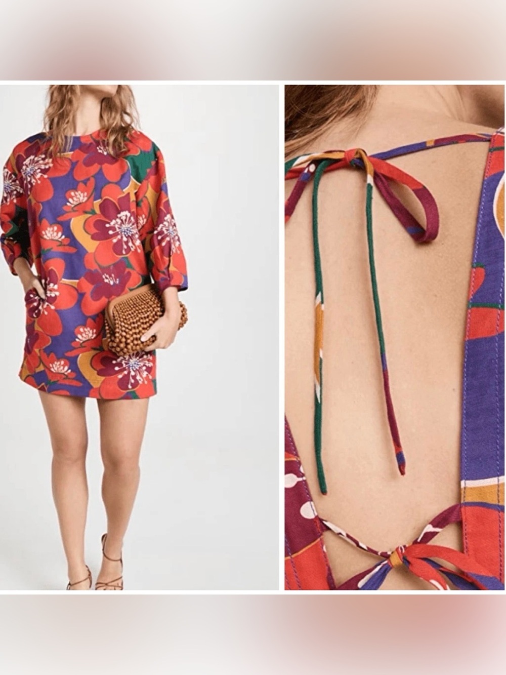 Revolve Something Navy Linen Blend Floral Open Back Mini Dress in Red Combo M